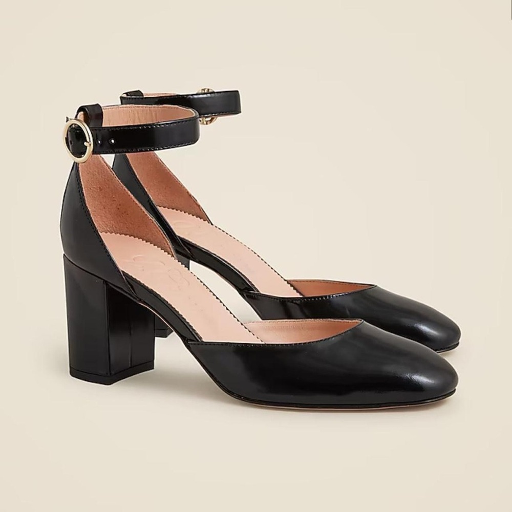 Jcrew ankle strap smooth black leather heel